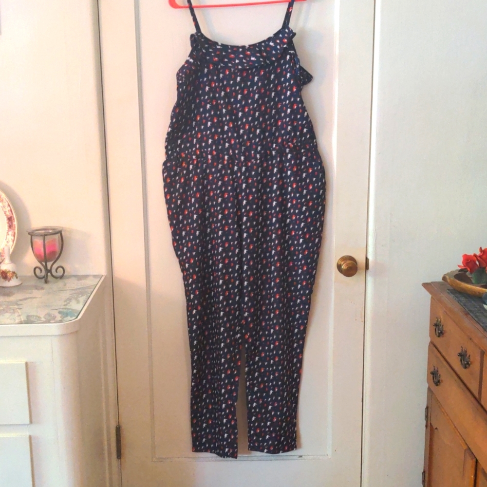 MNG by MANGO, Navy blue pantsuit with red and white birds, USA size XL